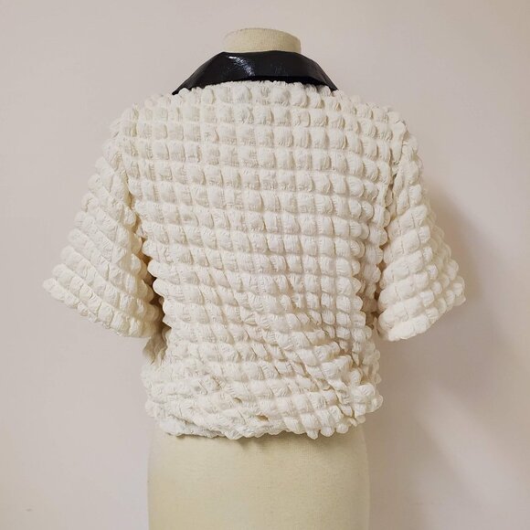 Cream Puffy Bubble Waffle Texture Polo Contrast Collar Top Immi - Picture 3 of 10